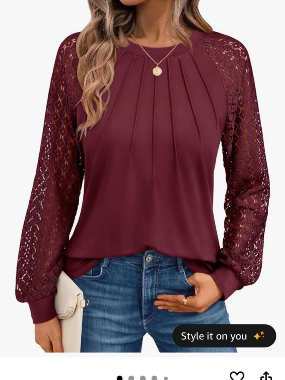 Source Unknown Burgundy Lace-Sleeve Pleated Women's Top